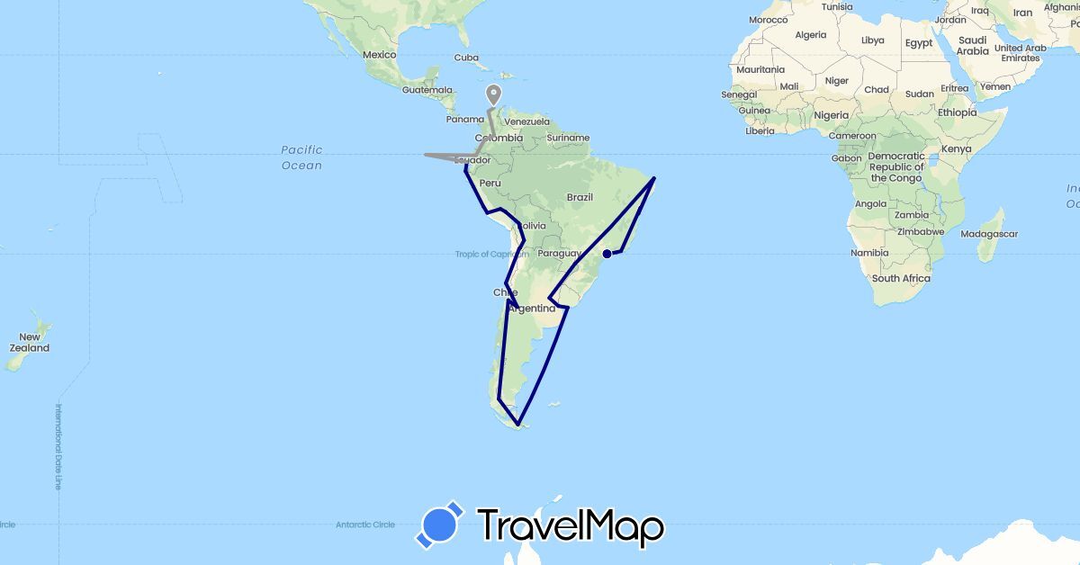 TravelMap itinerary: driving, plane in Argentina, Bolivia, Brazil, Chile, Colombia, Ecuador, Peru, Uruguay (South America)